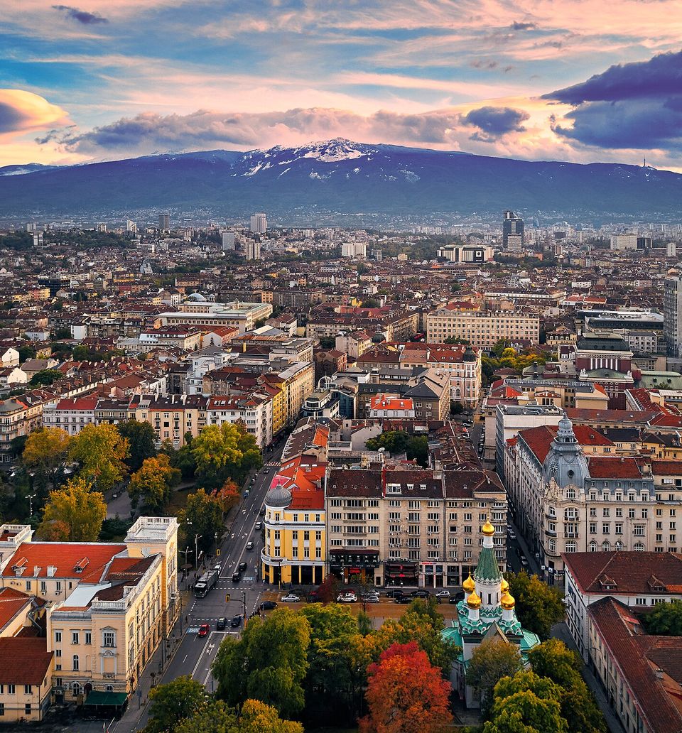 Panoramic view over central Sofia and the Vitosha Mountain